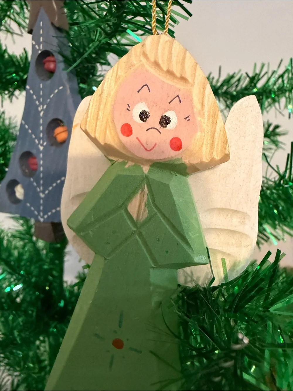 Angels & Bell Tree Christmas Bauble Ornaments Wood Set Of 3 Multicolor Hanging